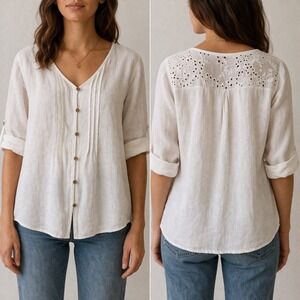 White Linen Eyelet Blouse (MED) Made in Italy Lightweight Romantic Coastal Boho